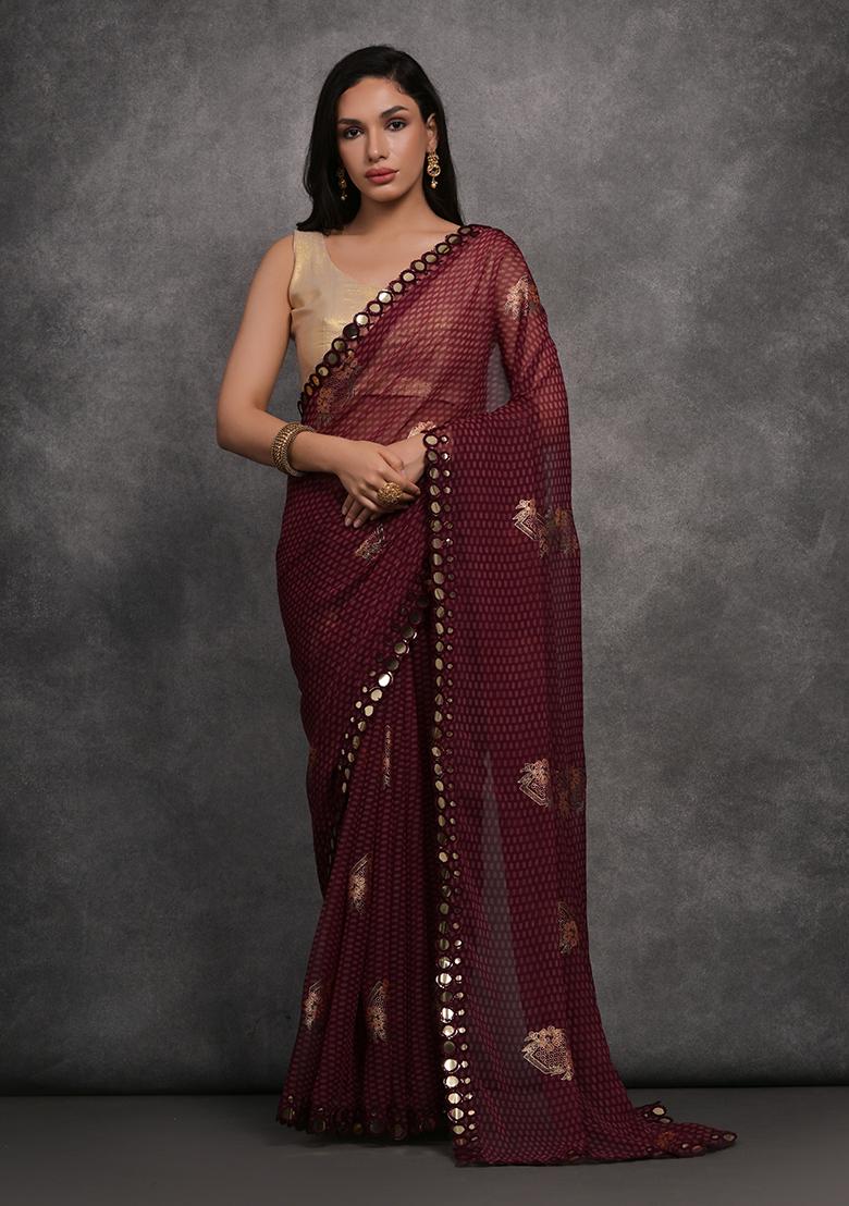 Maroon Foil Print Georgette Saree set