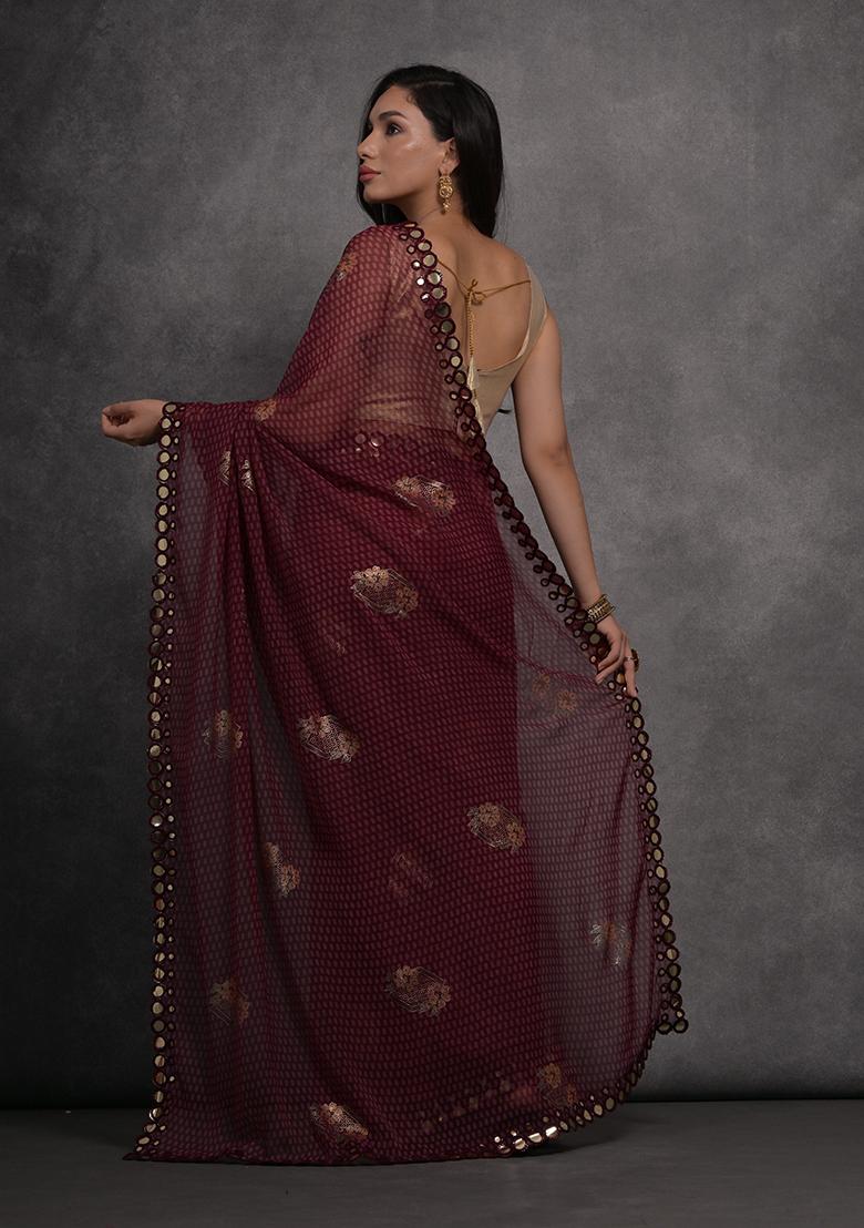 Maroon Foil Print Georgette Saree set