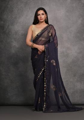 Navy Blue Foil Print Georgette Saree set