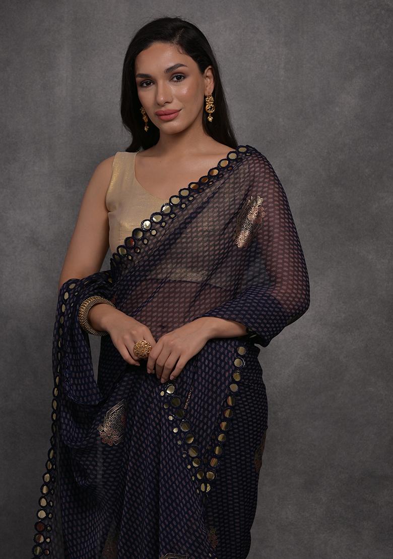 Navy Blue Foil Print Georgette Saree set