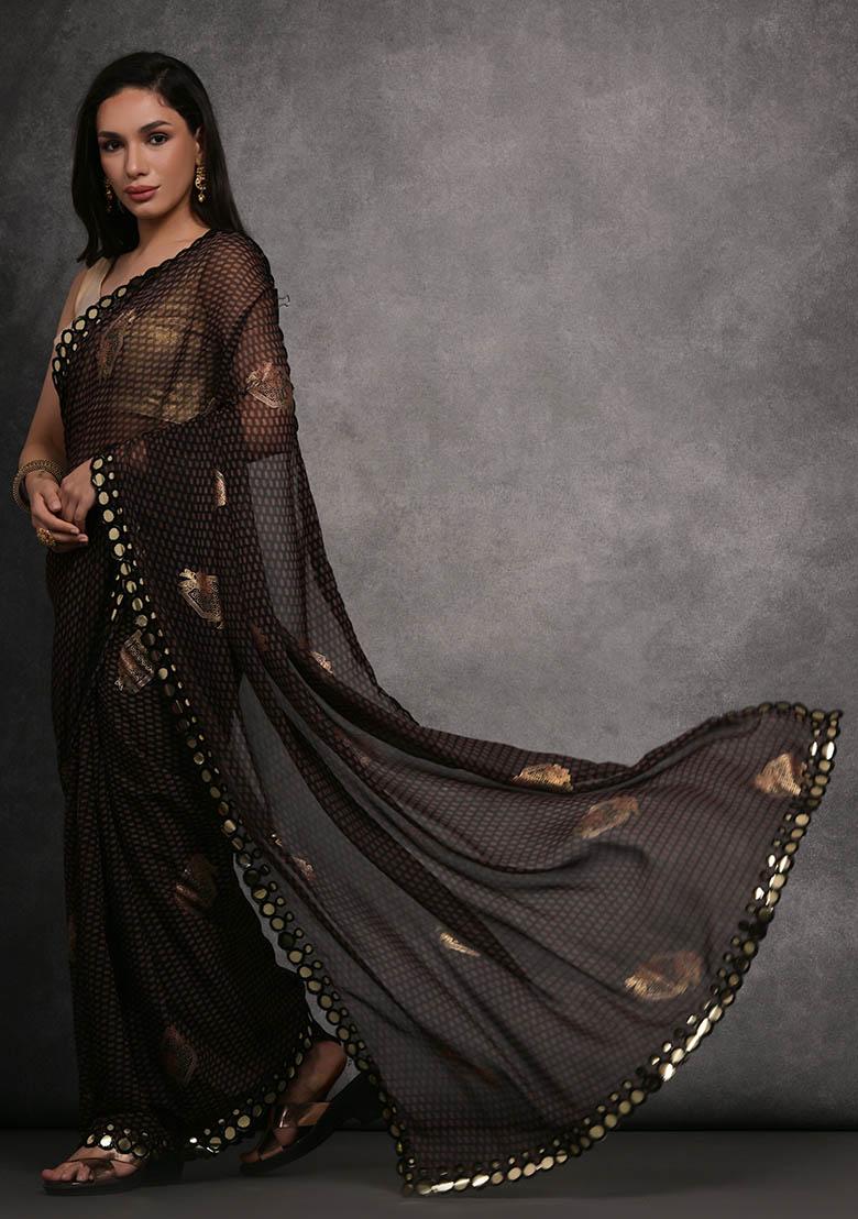 Black And Brown Foil Print Georgette Saree set