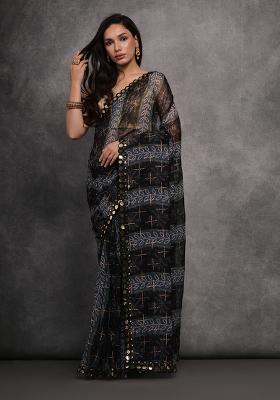 Black Foil Print Georgette Saree set
