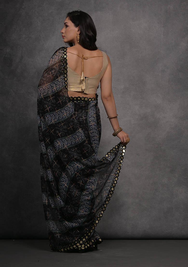 Black Foil Print Georgette Saree set