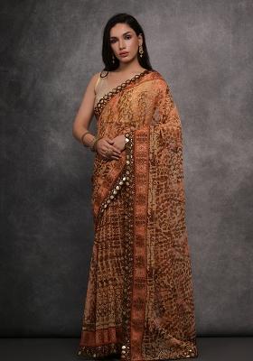 Orange Foil Print Georgette Saree set