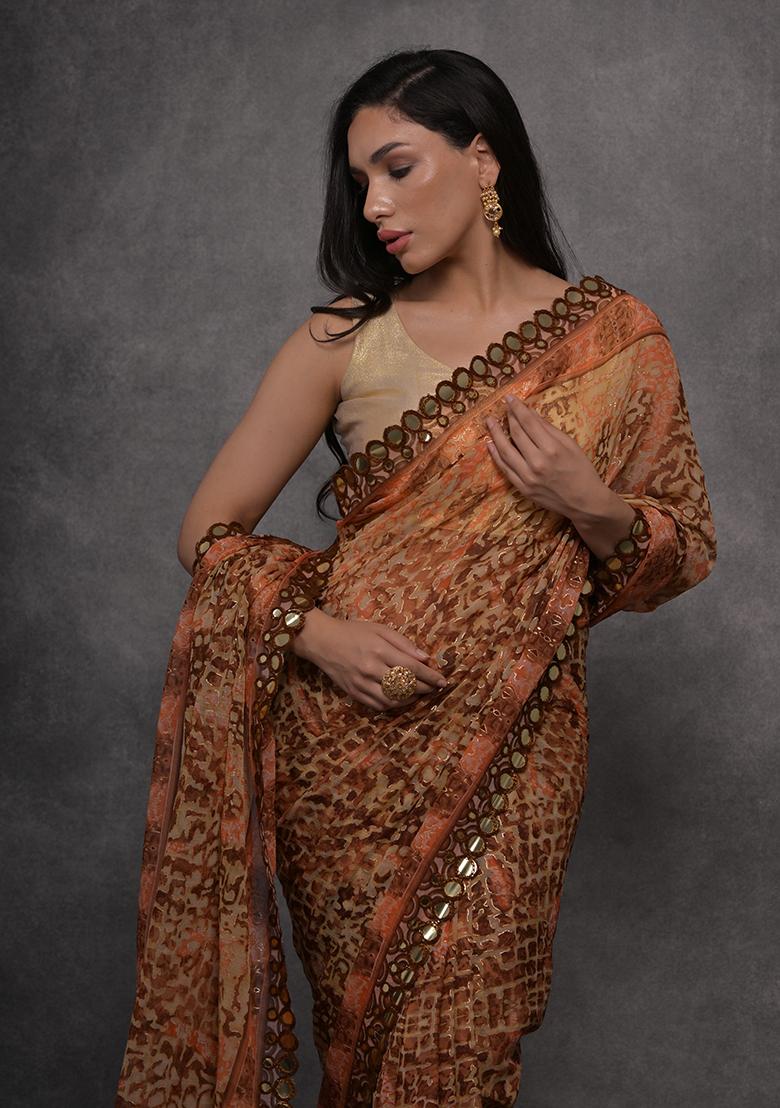 Orange Foil Print Georgette Saree set