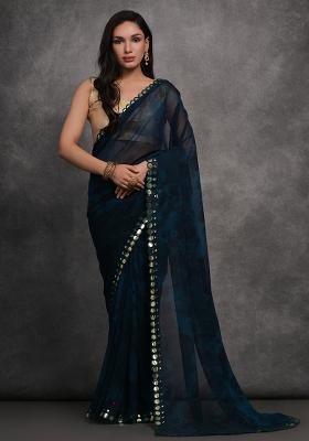 Dark Blue Printed Georgette Saree set