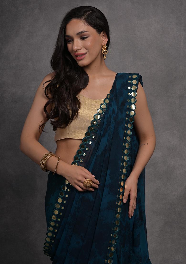 Dark Blue Printed Georgette Saree set