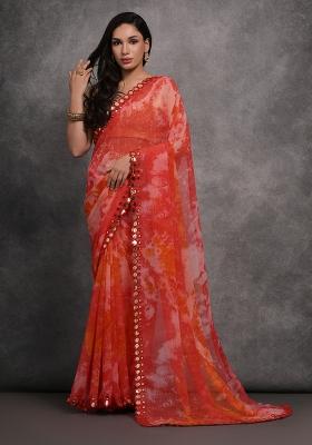Red Printed Georgette Saree set