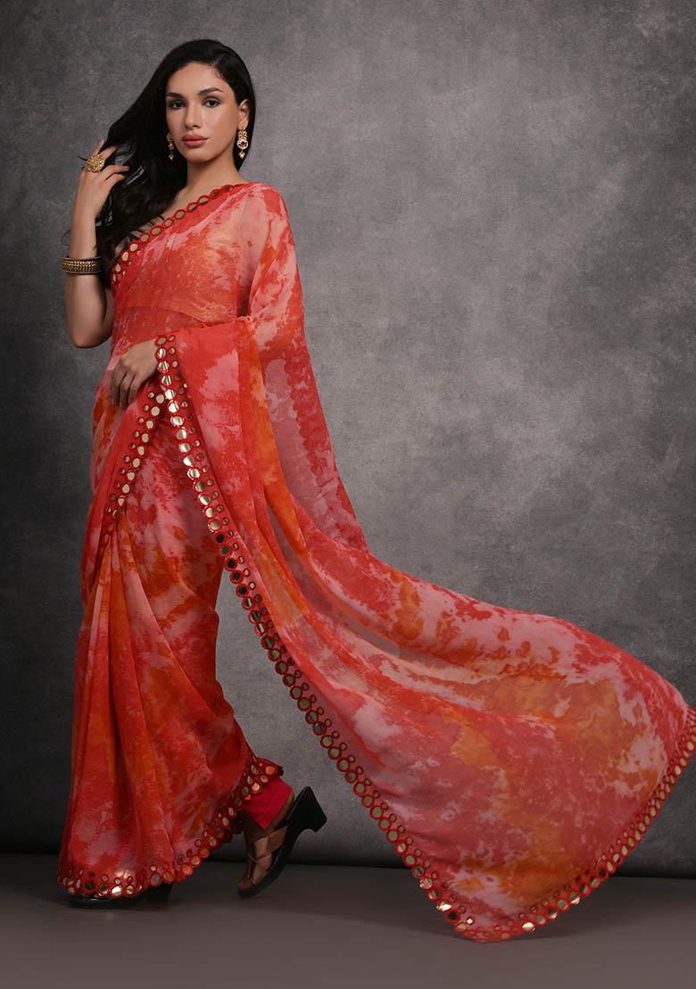 Red Printed Georgette Saree set