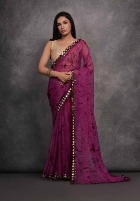 Purple Printed Georgette Saree set