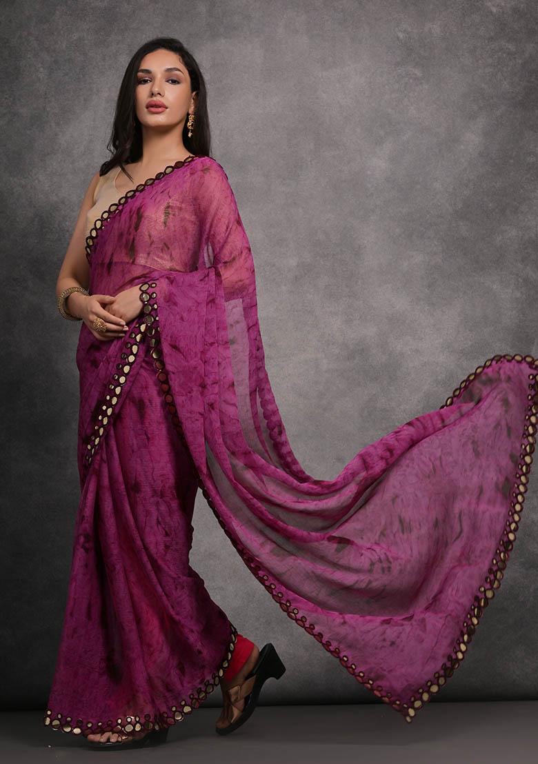 Purple Printed Georgette Saree set