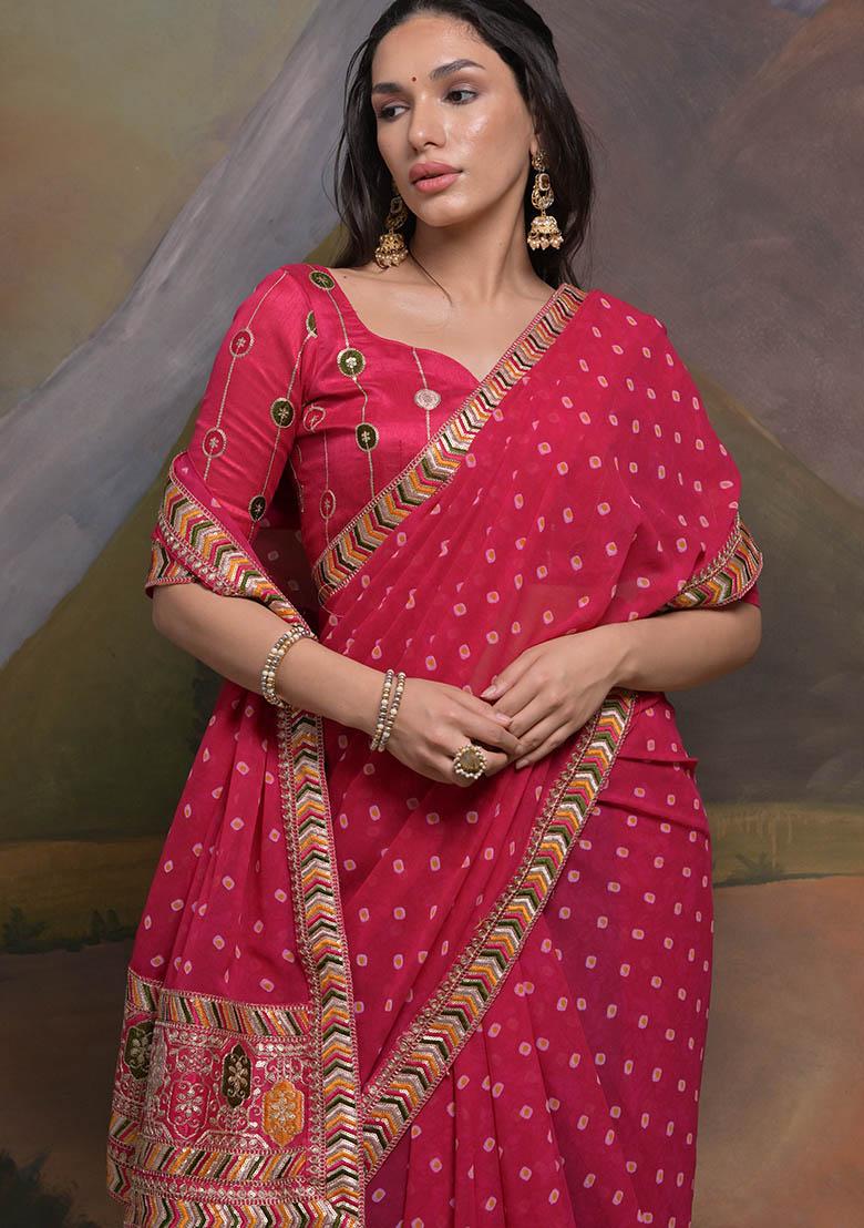 Pink Bandhani Print Georgette Saree set