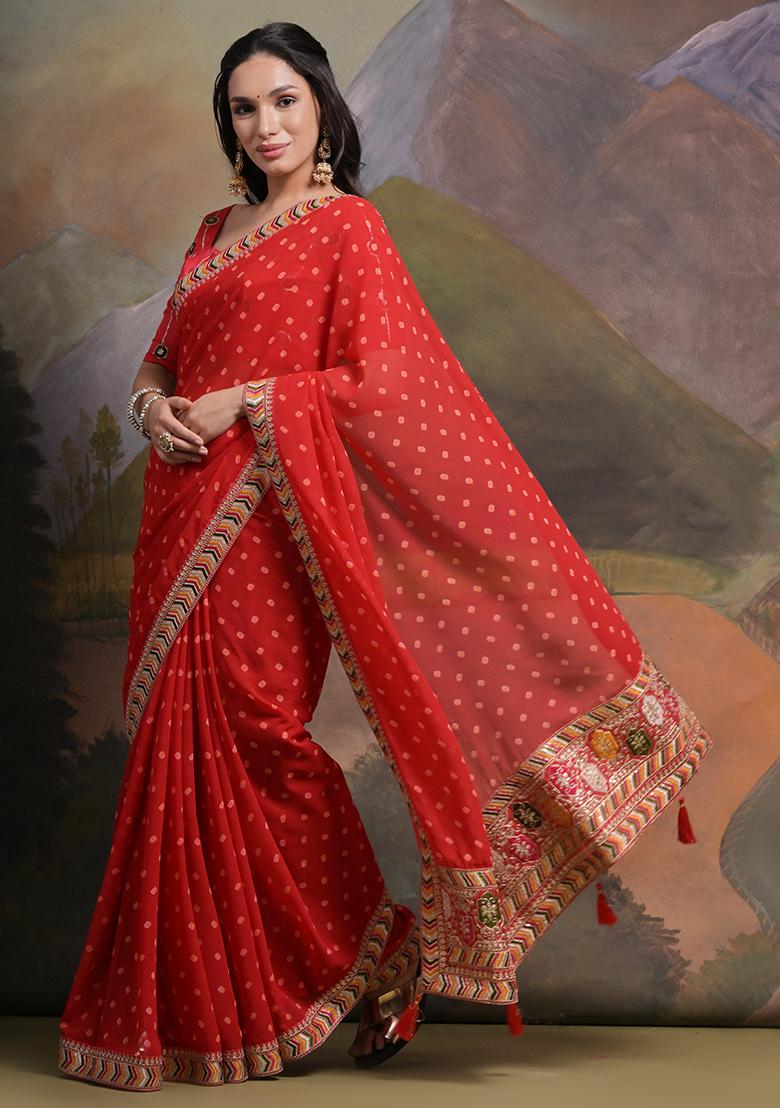 Red Bandhani Print Georgette Saree set