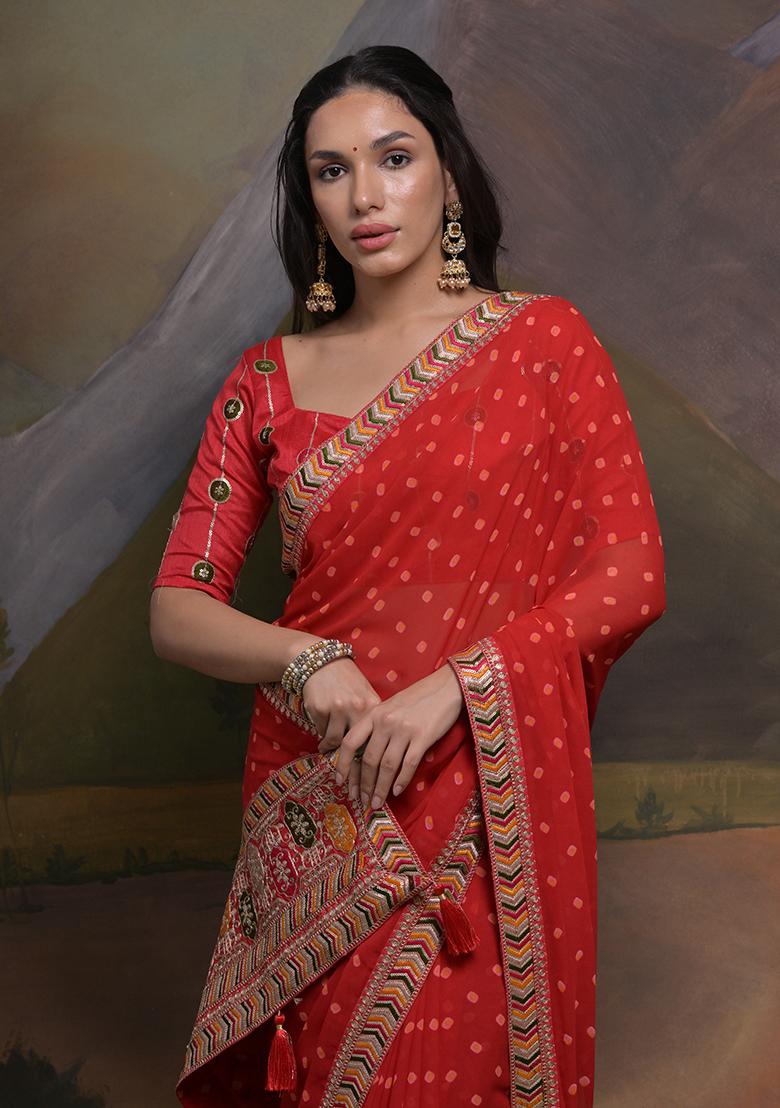 Red Bandhani Print Georgette Saree set