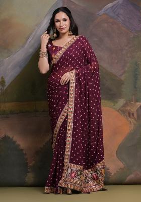 Purple Bandhani Print Georgette Saree set