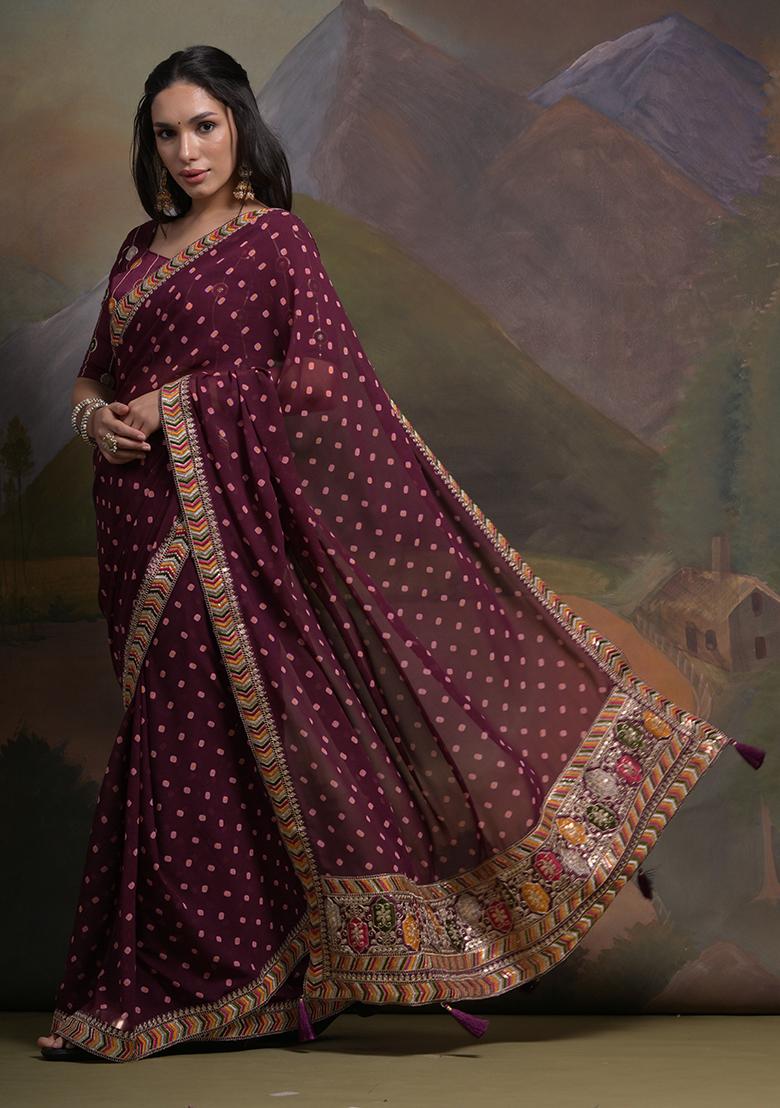 Purple Bandhani Print Georgette Saree set