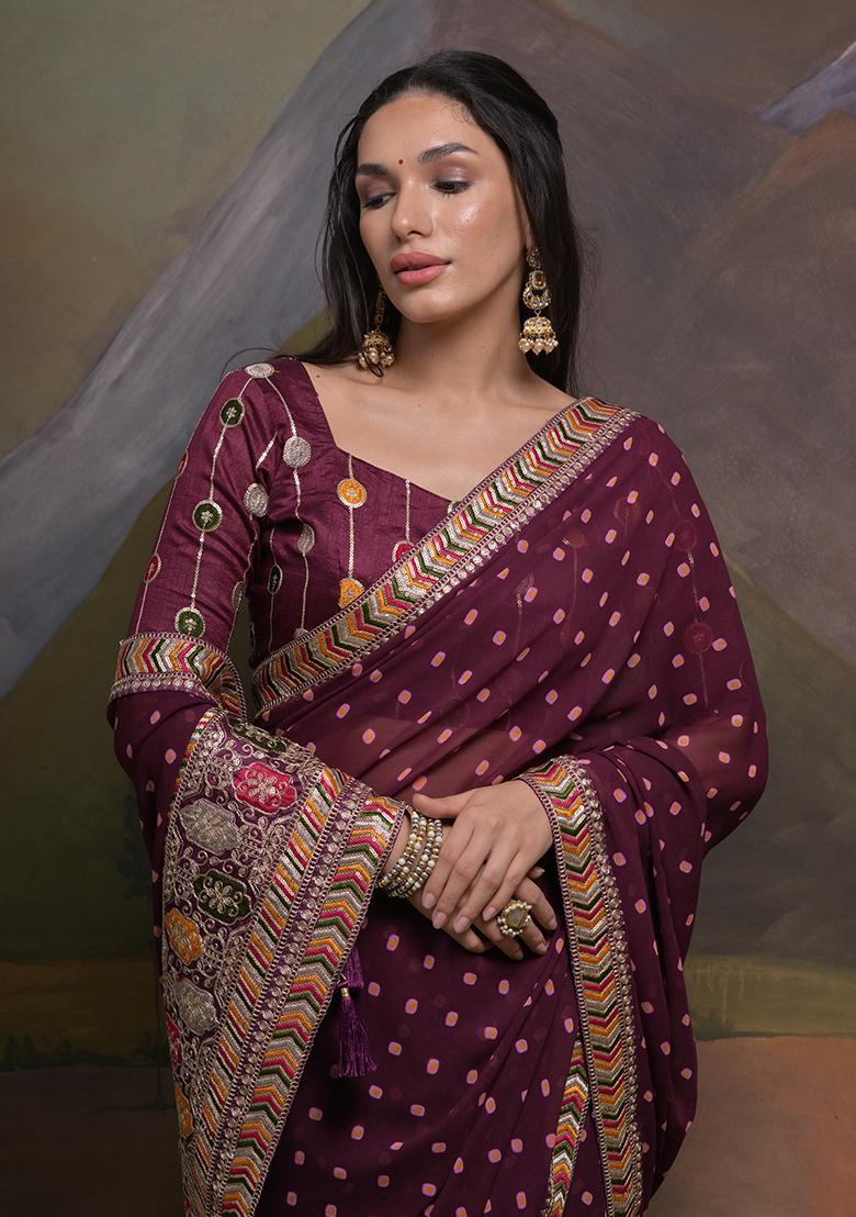 Purple Bandhani Print Georgette Saree set