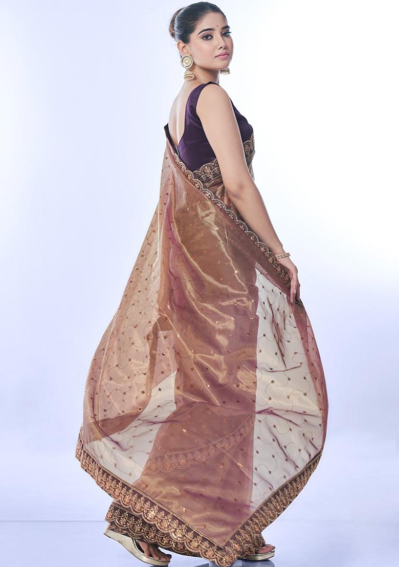 Brown Sequin Embroidered Net Saree set