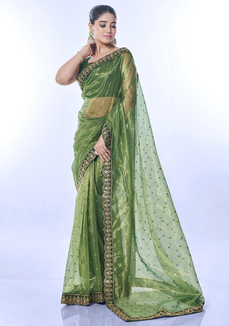 Green Sequin Embroidered Net Saree set