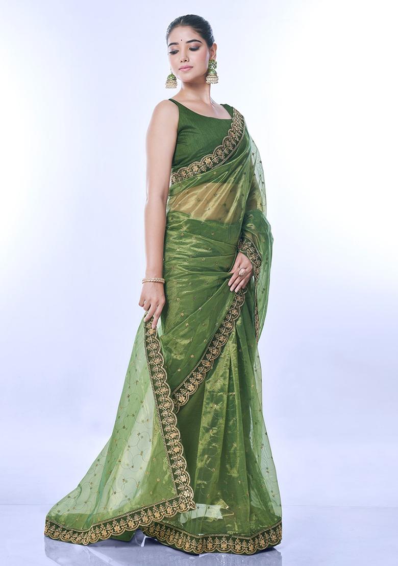 Green Sequin Embroidered Net Saree set