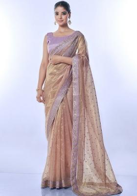 Beige Sequin Embroidered Net Saree set