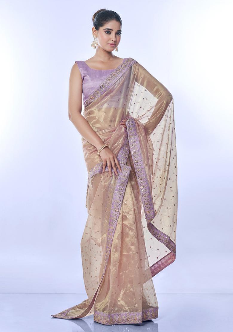 Beige Sequin Embroidered Net Saree set
