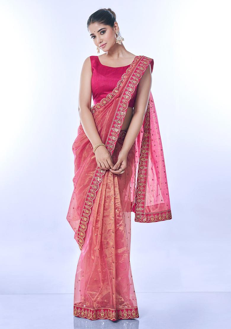 Pink Sequin Embroidered Net Saree set