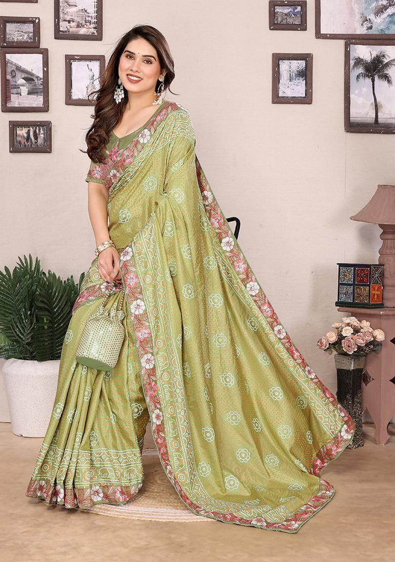 Mehendi Green Bandhani Print Vichitra Saree set