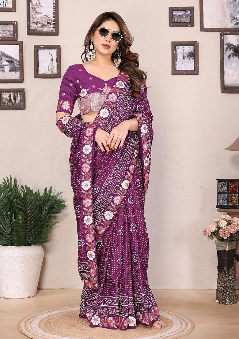 Purple Bandhani Print Vichitra Saree set