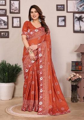 Orange Bandhani Print Vichitra Saree set