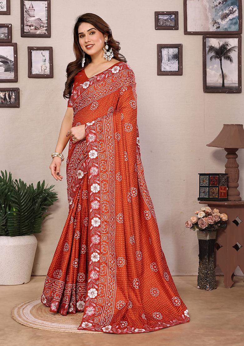 Orange Bandhani Print Vichitra Saree set