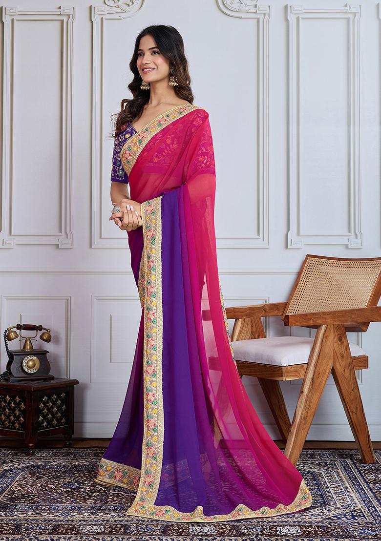 Rani Pink Solid Georgette Saree set