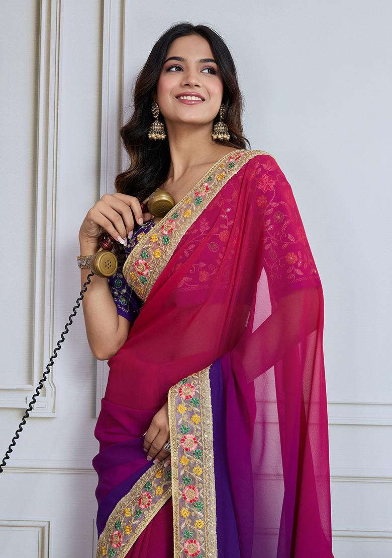 Rani Pink Solid Georgette Saree set