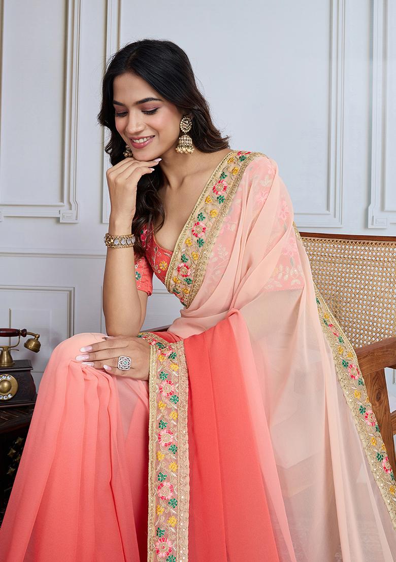 Coral Peach Solid Georgette Saree set