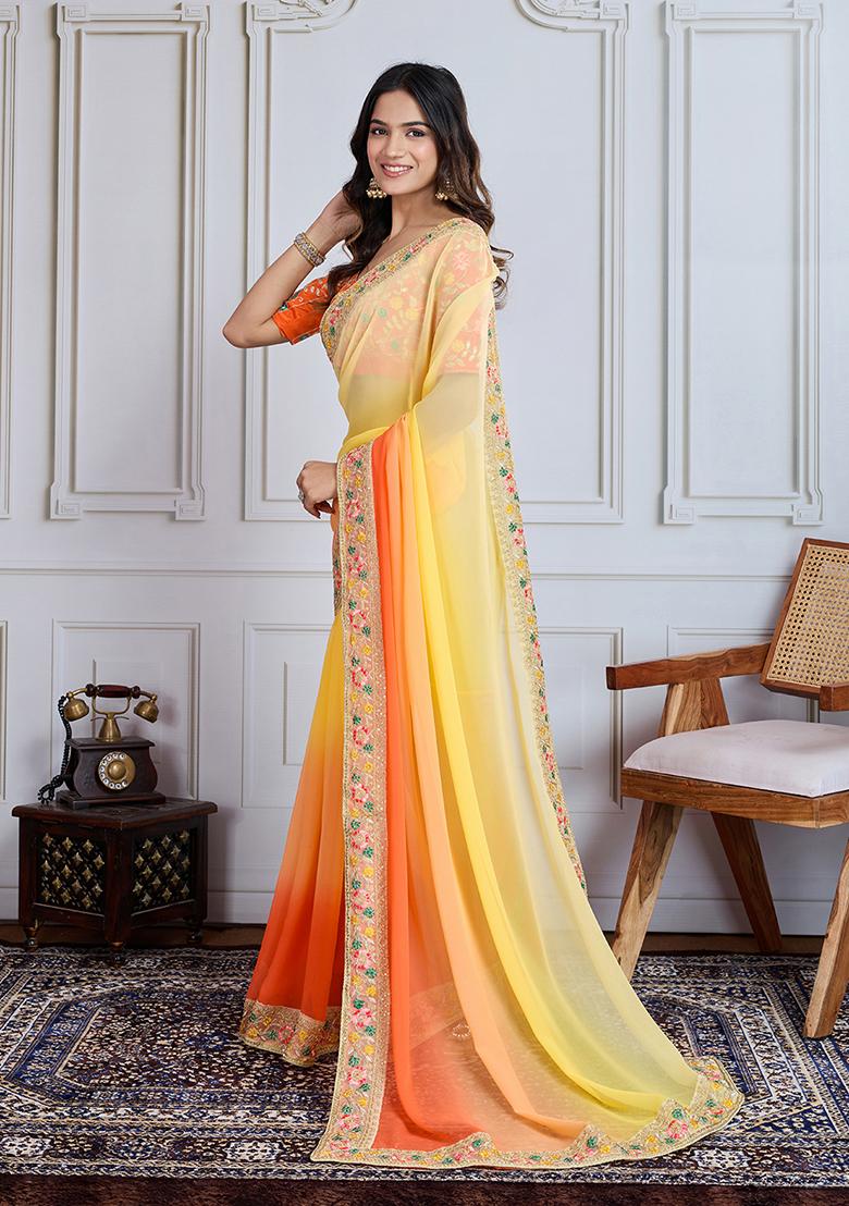 Orange Yellow Solid Georgette Saree set