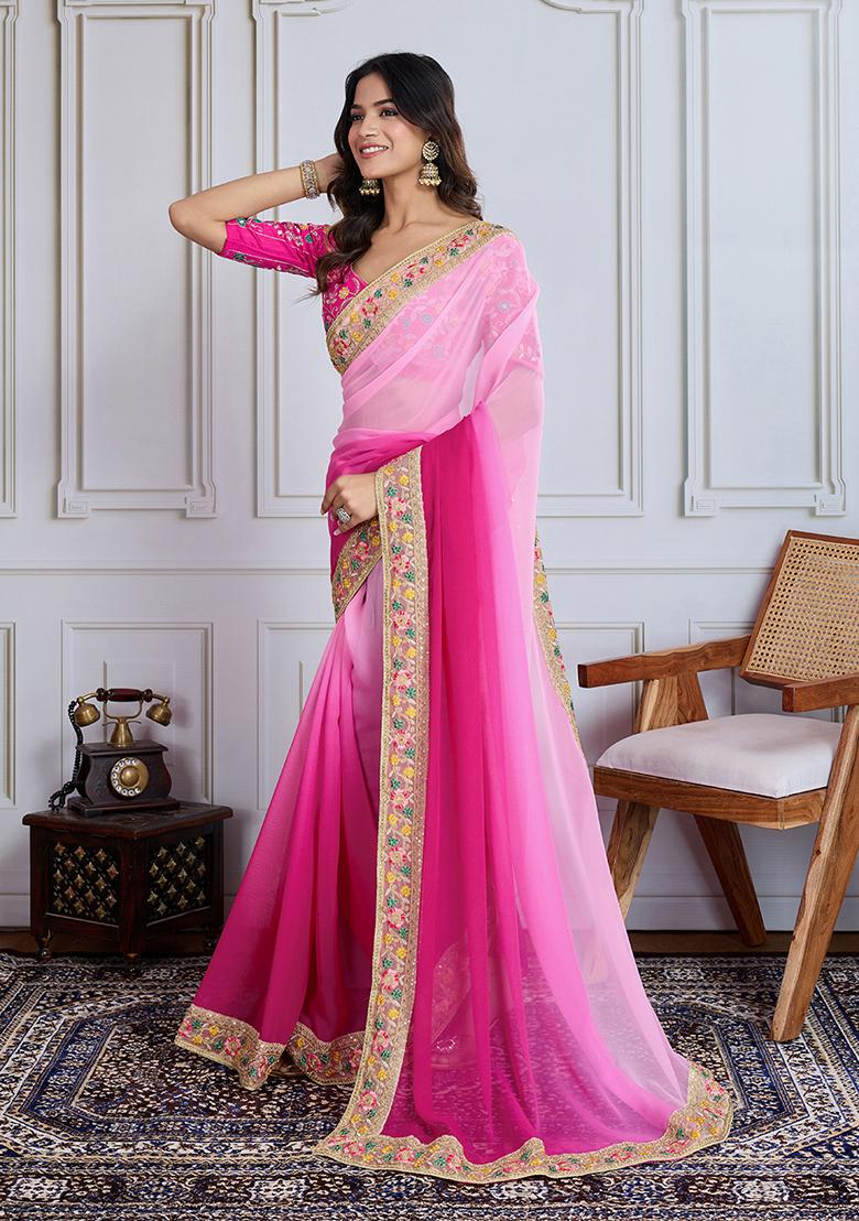 Rani Pink Solid Georgette Saree set