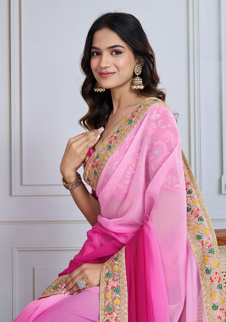 Rani Pink Solid Georgette Saree set