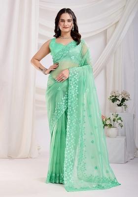 Sea Green Sequin Embroidered Net Saree set