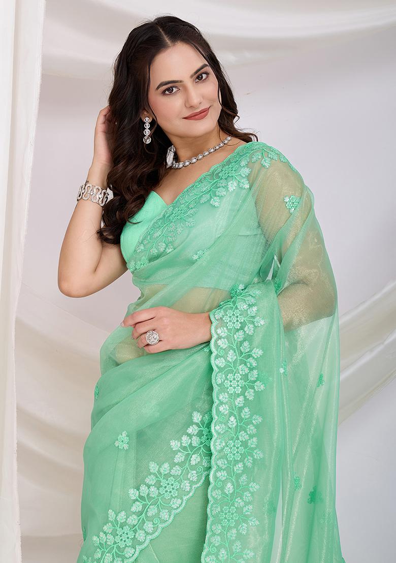 Sea Green Sequin Embroidered Net Saree set