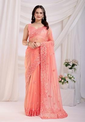 Coral Pink Sequin Embroidered Net Saree set