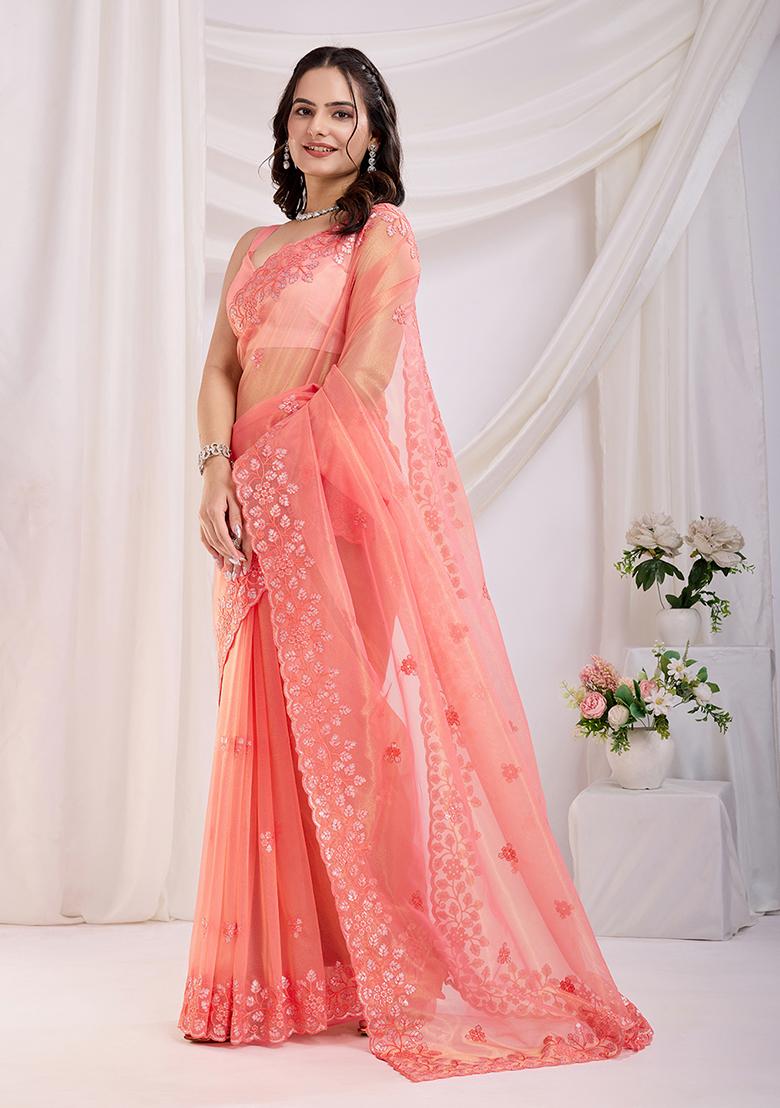 Coral Pink Sequin Embroidered Net Saree set