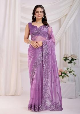 Purple Sequin Embroidered Net Saree set