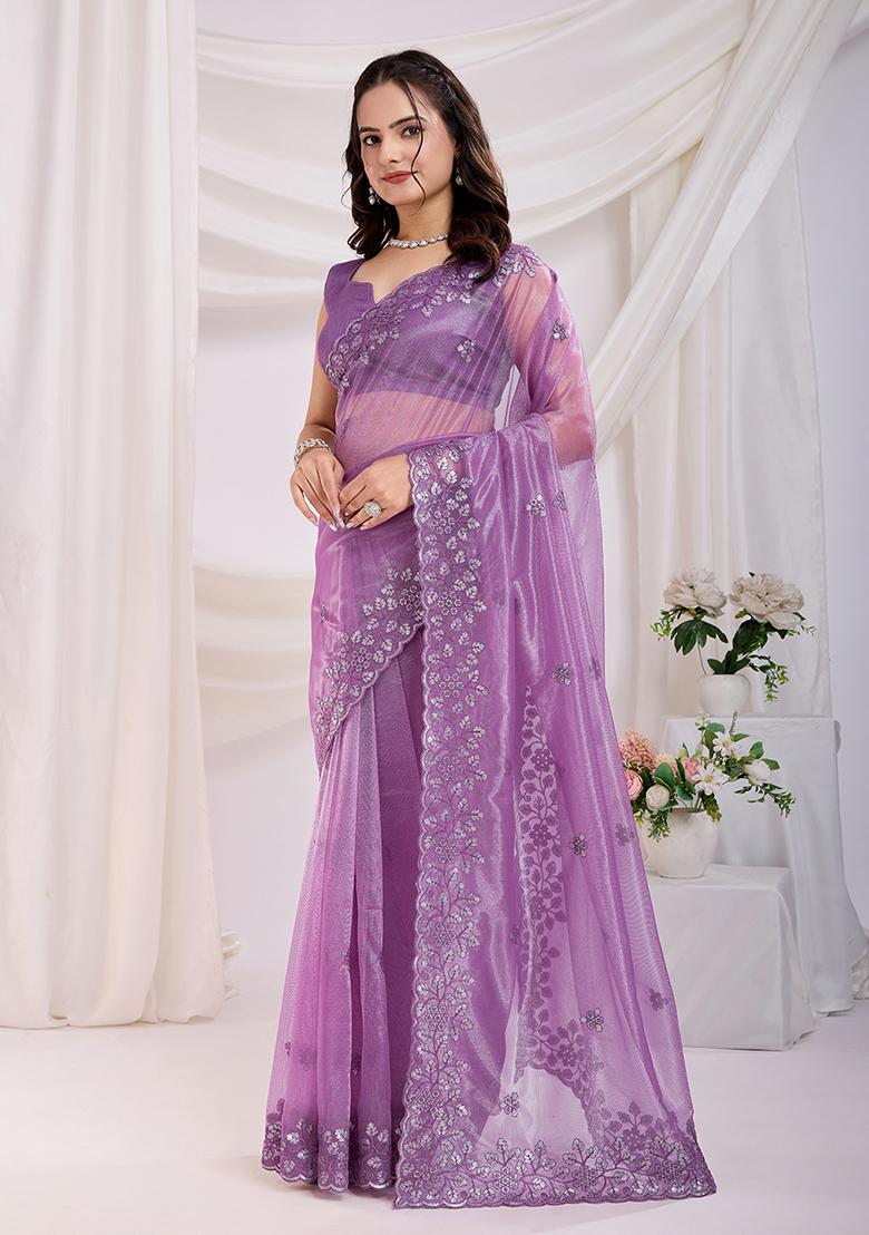 Purple Sequin Embroidered Net Saree set