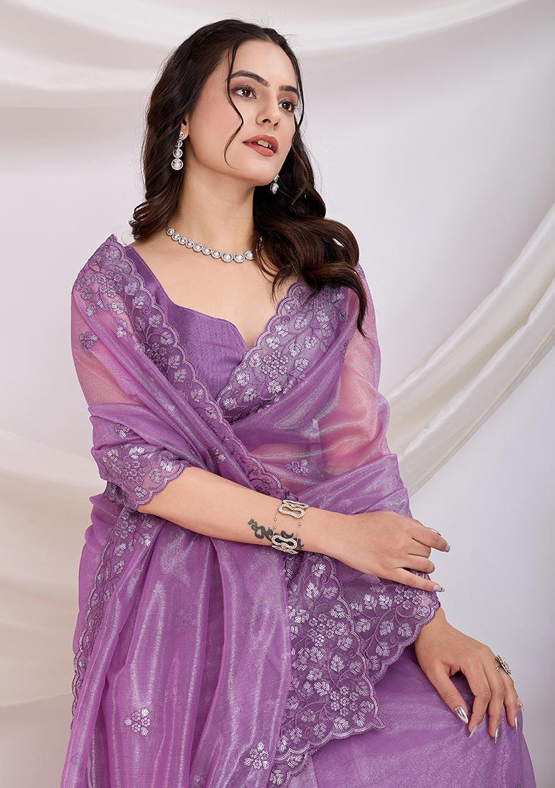 Purple Sequin Embroidered Net Saree set