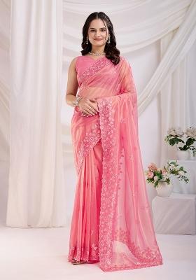 Barbie Pink Sequin Embroidered Net Saree set