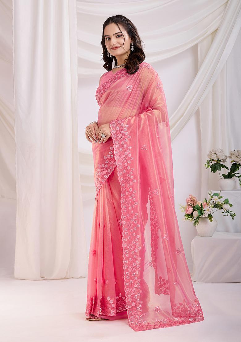 Barbie Pink Sequin Embroidered Net Saree set