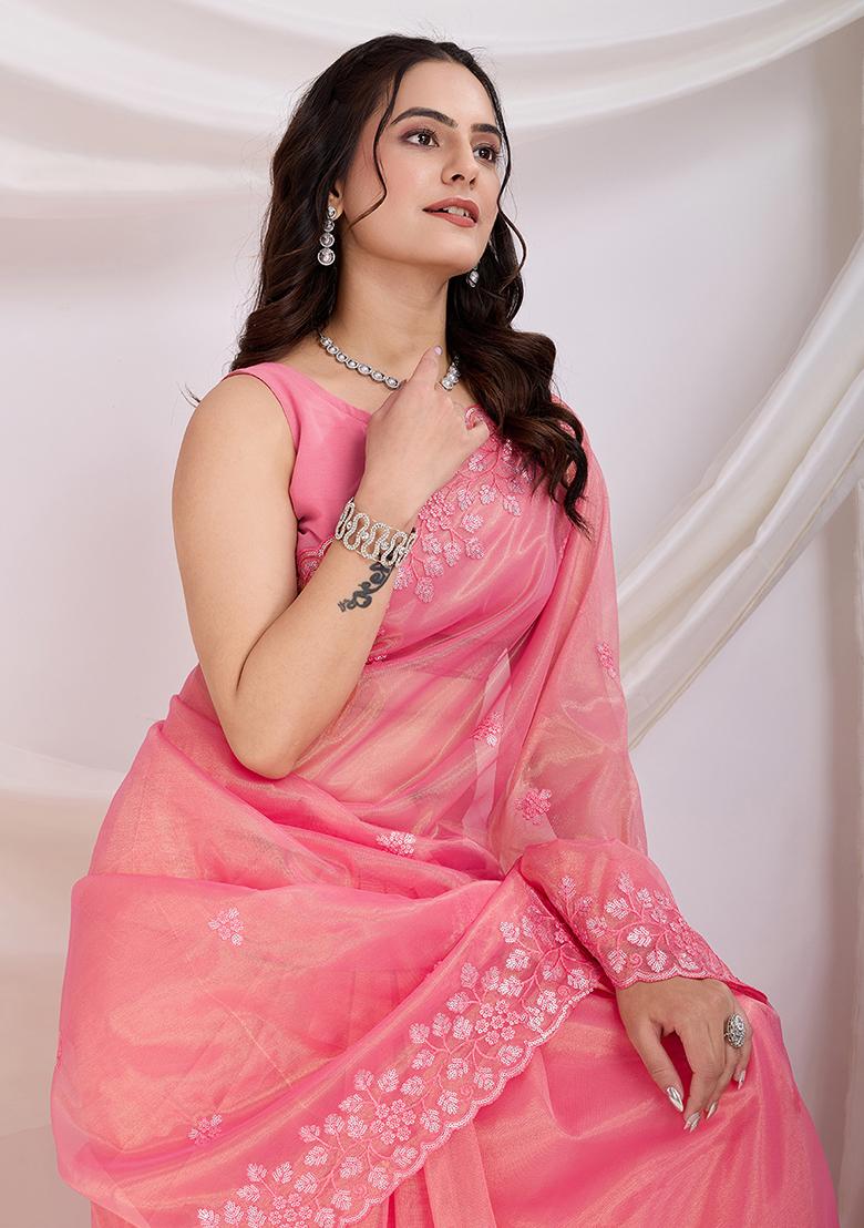 Barbie Pink Sequin Embroidered Net Saree set