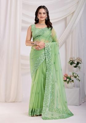 Parrot Green Sequin Embroidered Net Saree set