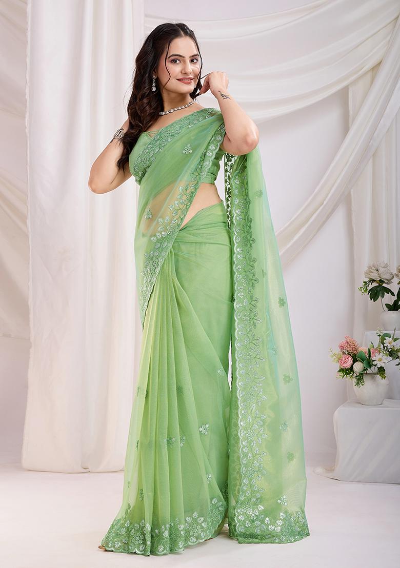 Parrot Green Sequin Embroidered Net Saree set
