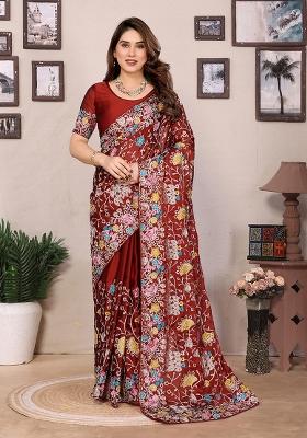Maroon Embroidered Silk Saree set